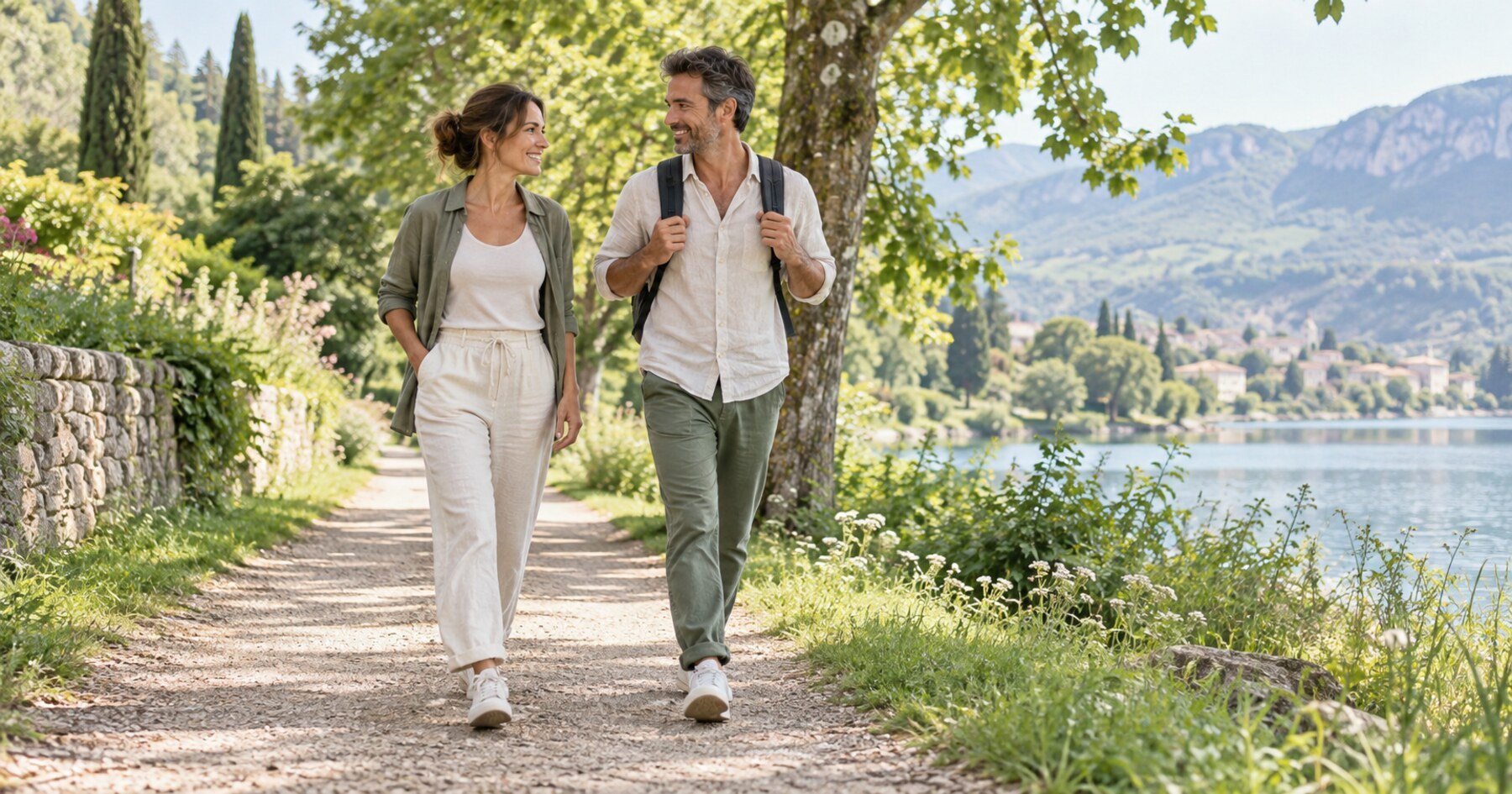 Une femme et un homme profitent d’une marche matinale
