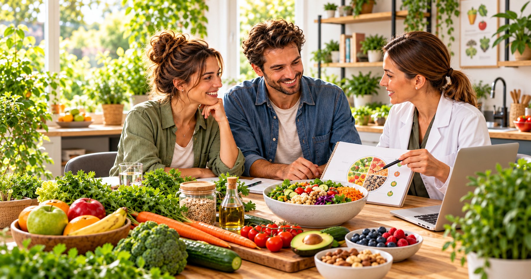Un homme et une femme échangent avec une professionnelle de santé autour d’une alimentation variée