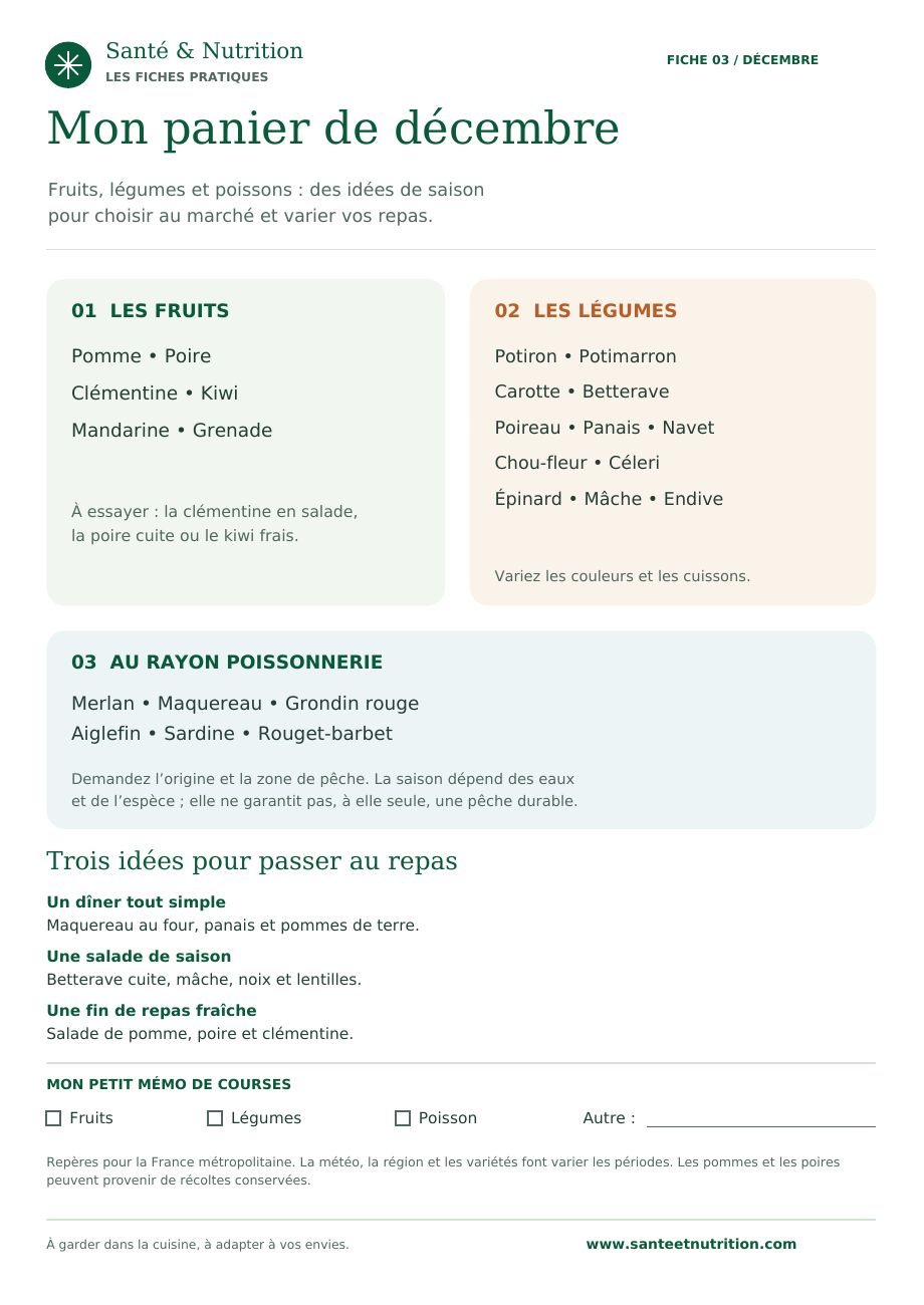 Aperçu de la fiche Mon panier de décembre : fruits, légumes et poissons