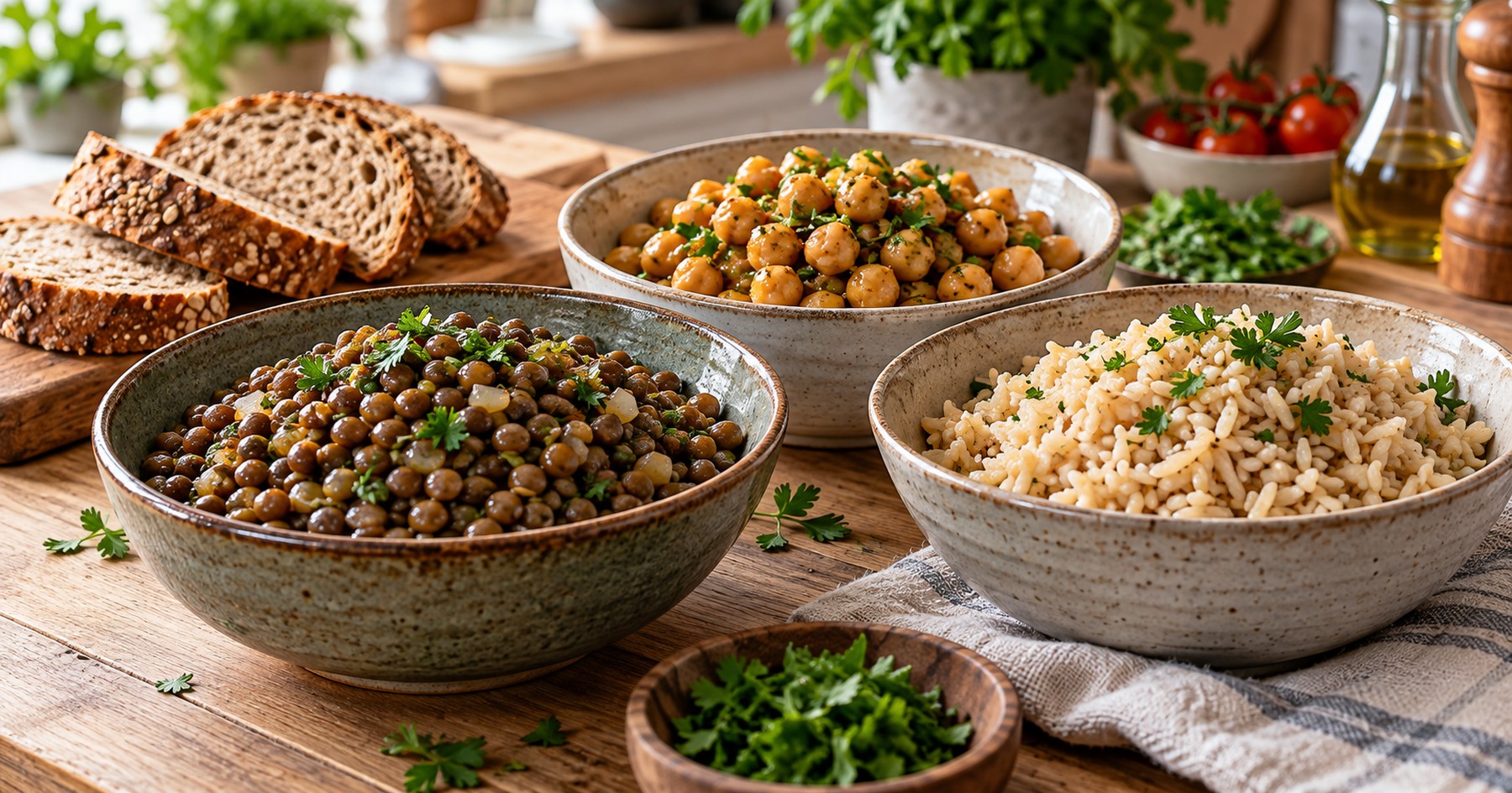 Des lentilles, des pois chiches et du riz complet cuits, avec du pain complet.
