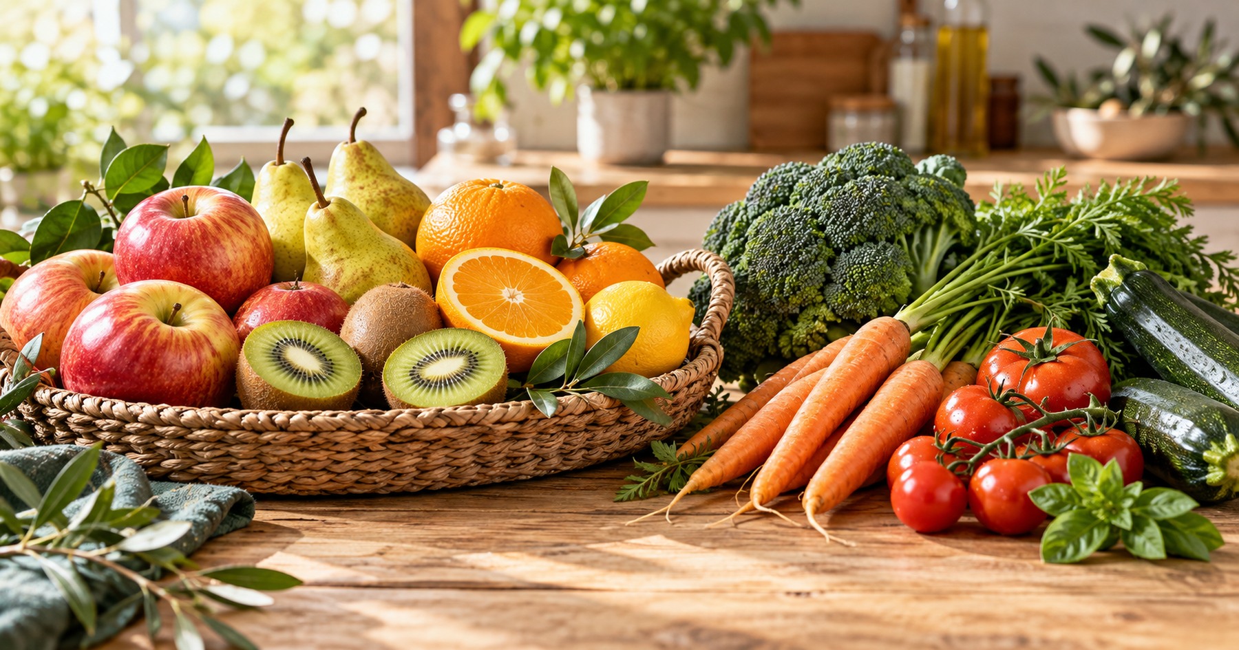 Des fruits et des légumes frais de saison sur une table.