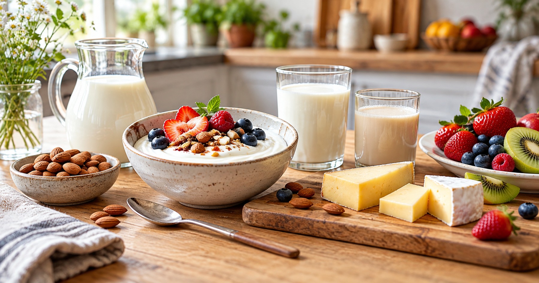 Du yaourt nature, du lait, du fromage et une boisson végétale, avec des amandes et des fruits.