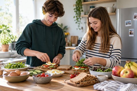 Deux adolescents préparent des sandwichs avec des légumes et des œufs.
