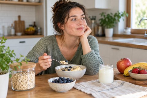 Une jeune personne prend un petit-déjeuner avec des flocons d’avoine, un fruit et un yaourt nature.