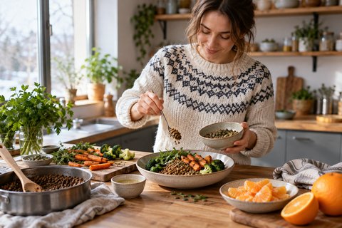 Un repas varié de saison avec des lentilles, du brocoli, des carottes et une orange.