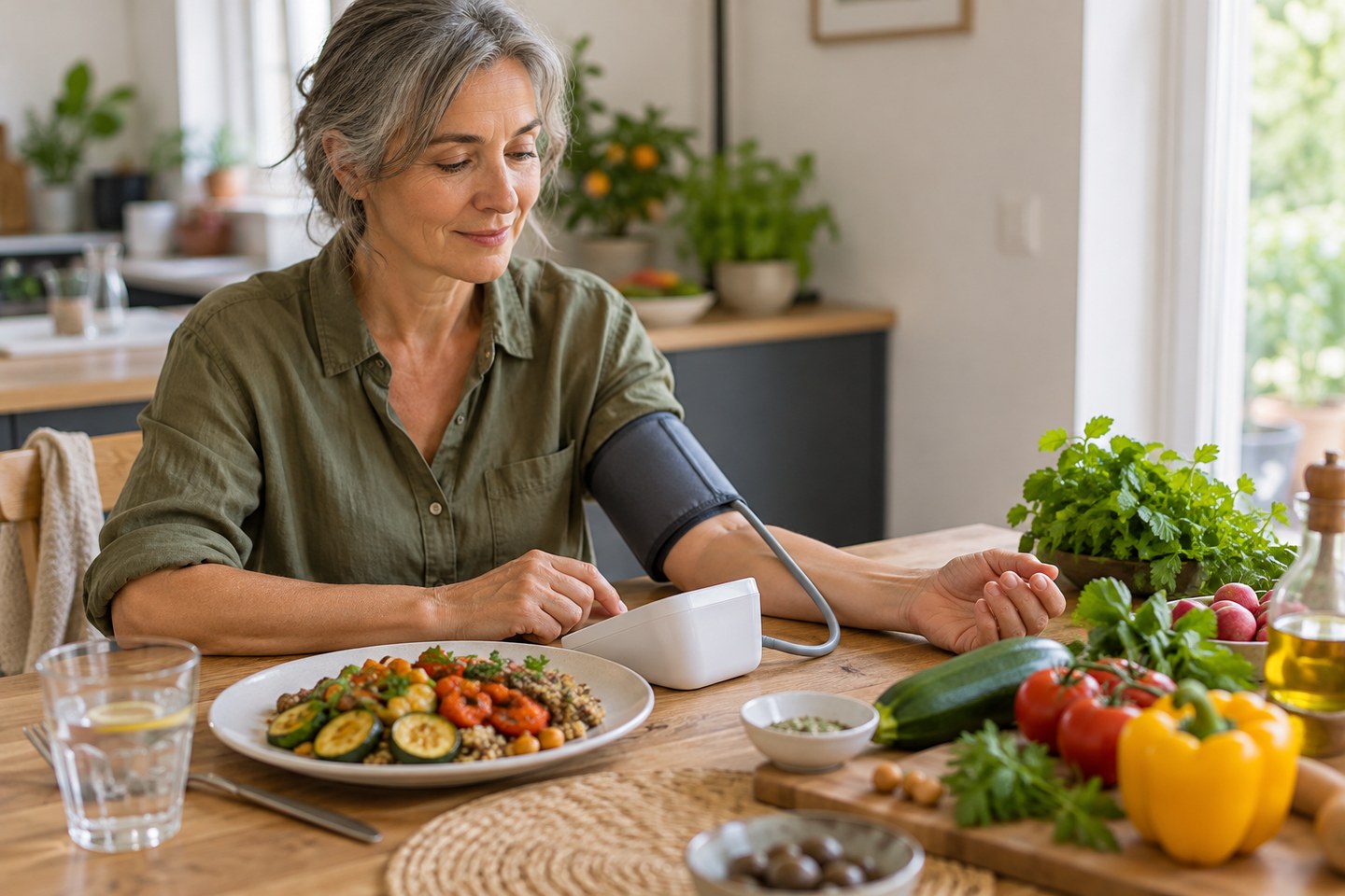 Une mesure de tension à domicile, près d’un repas de légumes préparé maison.