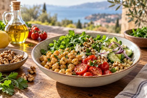 Une assiette de pois chiches, de tomates et de légumes verts avec de l’huile d’olive.