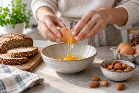 Des mains aux ongles naturels préparent un œuf, avec du pain complet et des amandes.