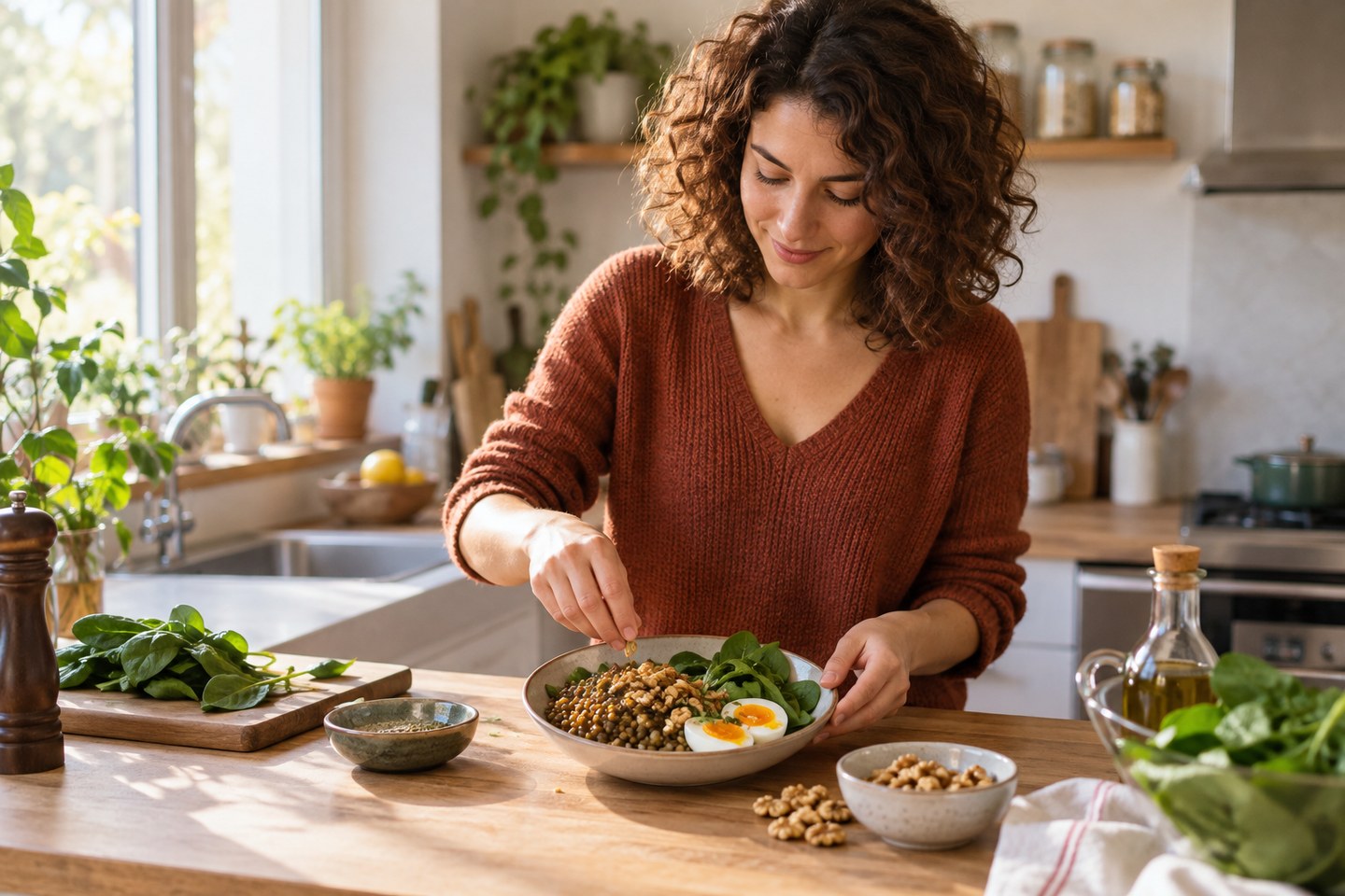 Une femme aux cheveux bouclés prépare un repas avec des lentilles, un œuf et des épinards.