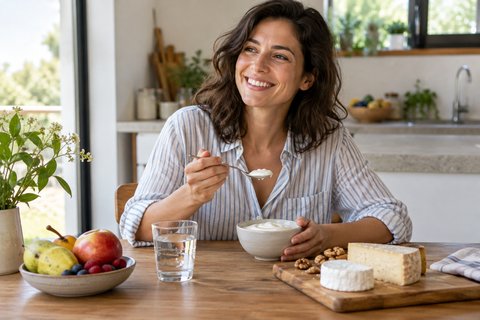 Une personne souriante devant un yaourt, du fromage, de l’eau et un fruit.