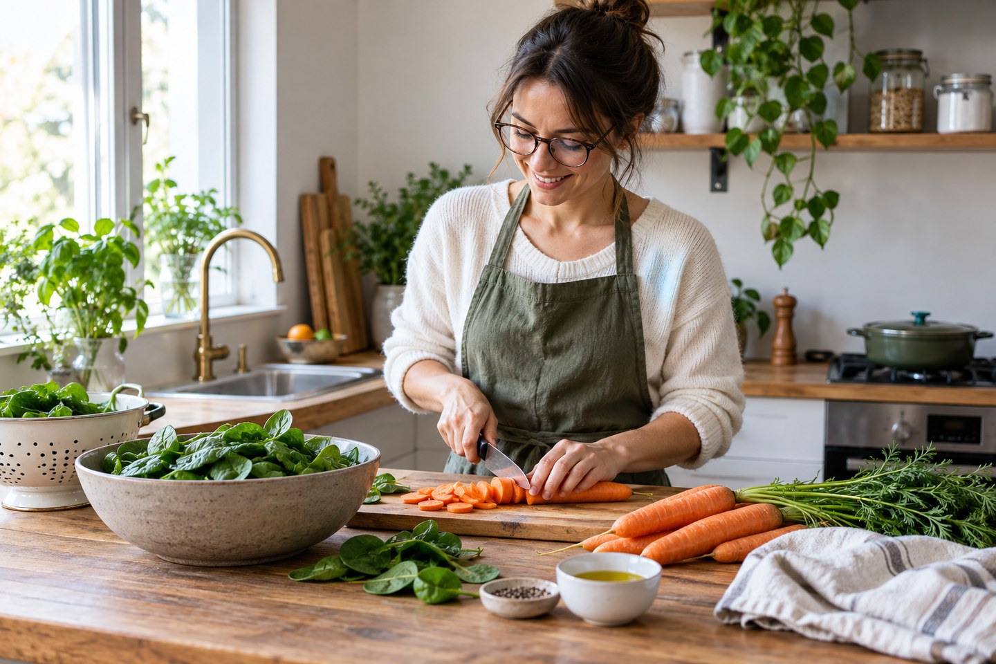 Une personne portant des lunettes prépare des carottes et des épinards.