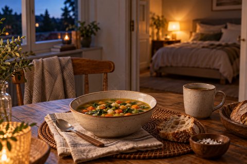 Une soupe et du pain sur une table dans une ambiance de fin de journée.