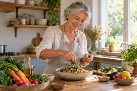 Une femme prépare un repas de légumes dans une cuisine lumineuse.