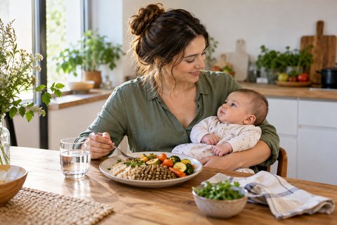 Une mère avec son bébé, à côté d’un repas et d’un verre d’eau.