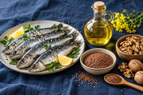 Des sardines, des noix, des graines de lin et de l’huile de colza.