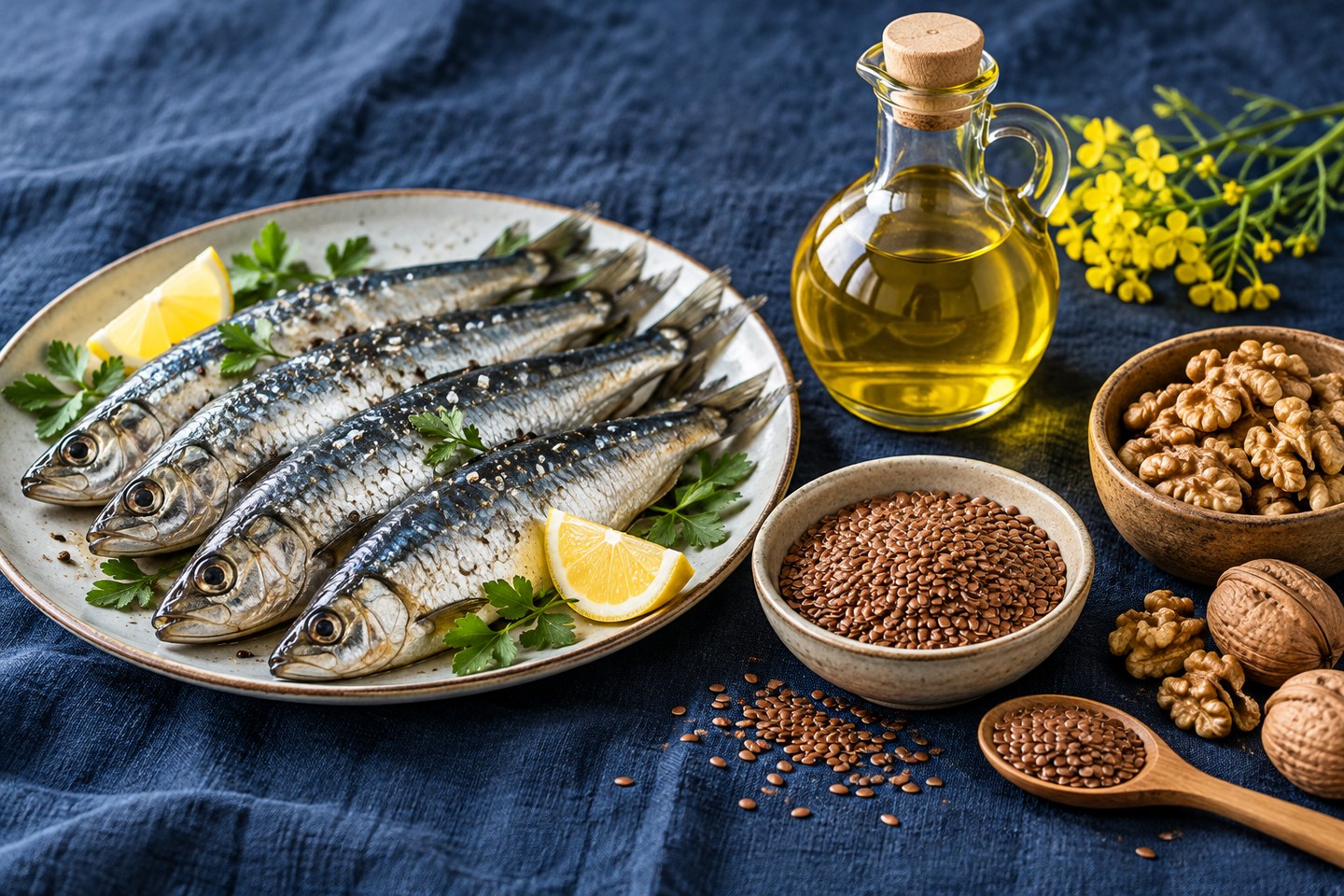Des sardines, des noix, des graines de lin et de l’huile de colza.