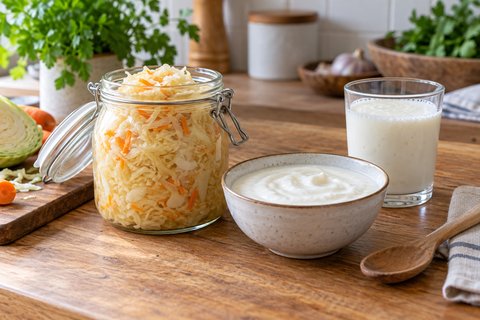 Un bocal de choucroute, un yaourt nature et un verre de kéfir.