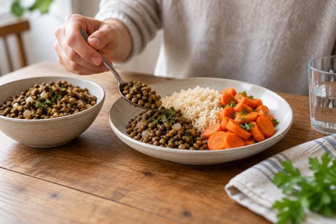 Une petite portion de lentilles servie avec du riz et des carottes cuites.
