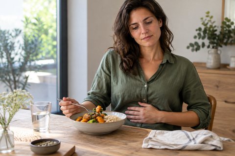 Une personne à table devant un repas simple de riz et de légumes cuits.