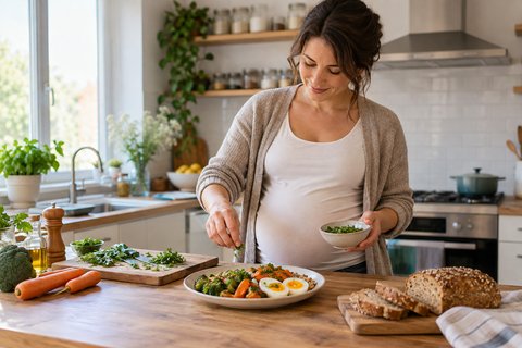 Une femme enceinte prépare un repas avec un œuf bien cuit et des légumes.