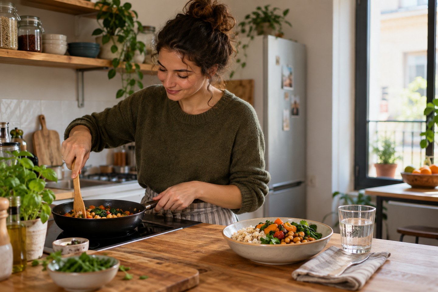 Une personne cuisine une portion pour elle-même dans une petite cuisine.