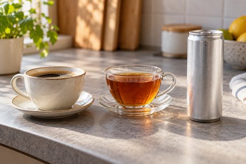 Une tasse de café, une tasse de thé et une canette sans marque.