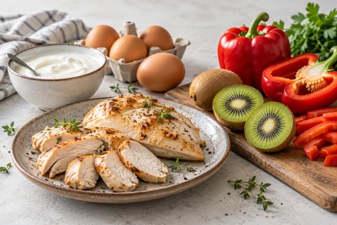 Du poulet, des œufs, un yaourt, un kiwi et un poivron sur une table.