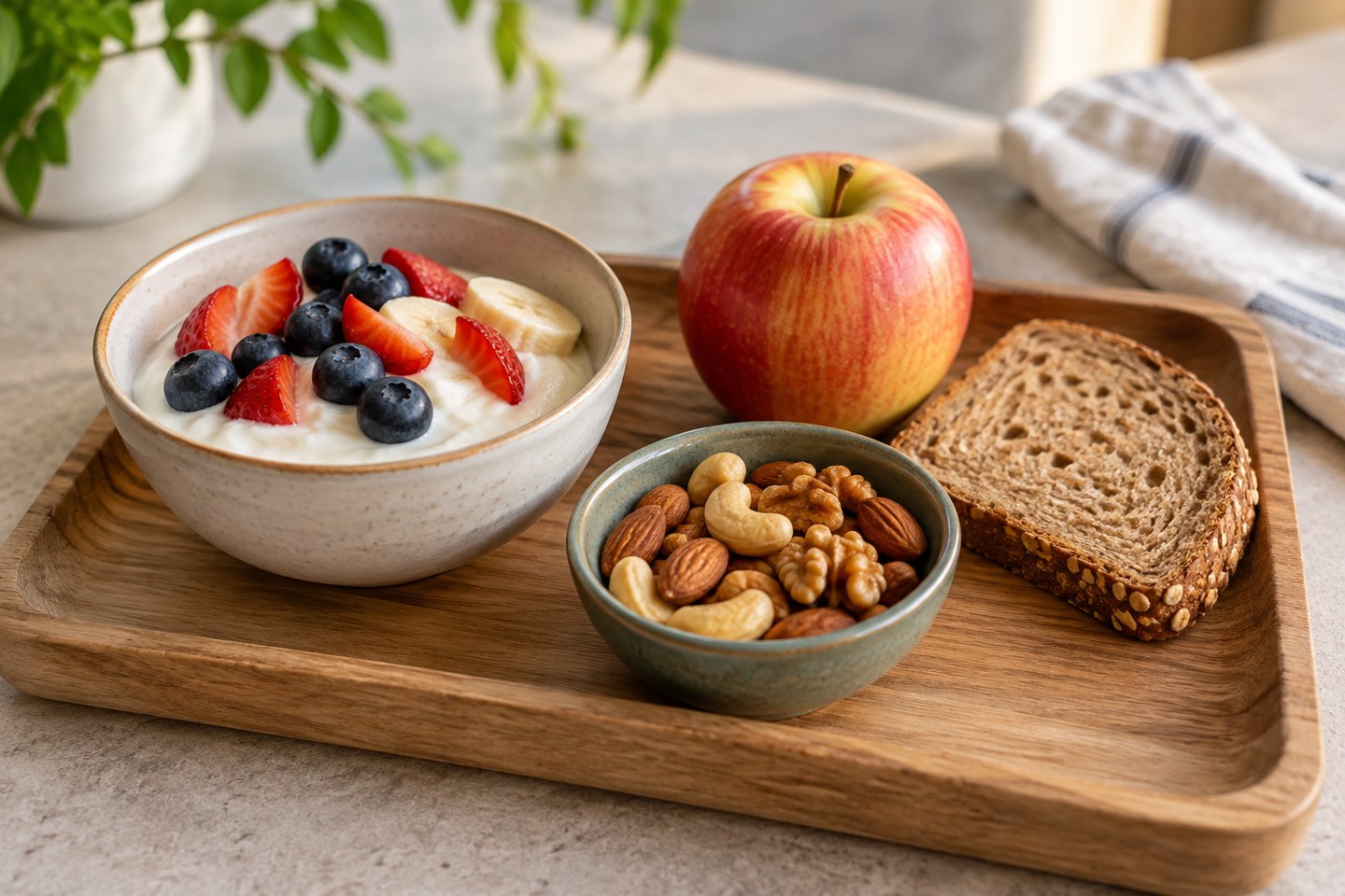 Des idées de collations : fruit, yaourt nature, noix et pain complet.
