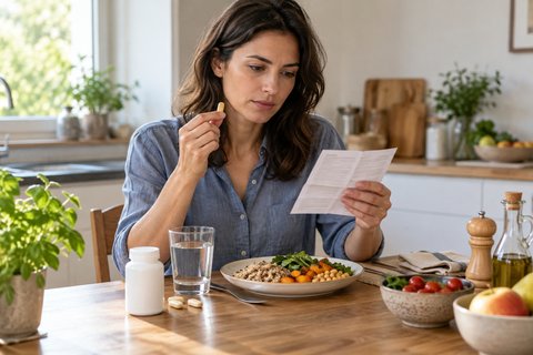 Des compléments alimentaires à côté d’un repas, avec une notice examinée par une personne.