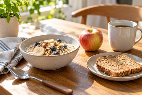 Un petit-déjeuner avec de l’avoine, du lait, une pomme et du pain complet.