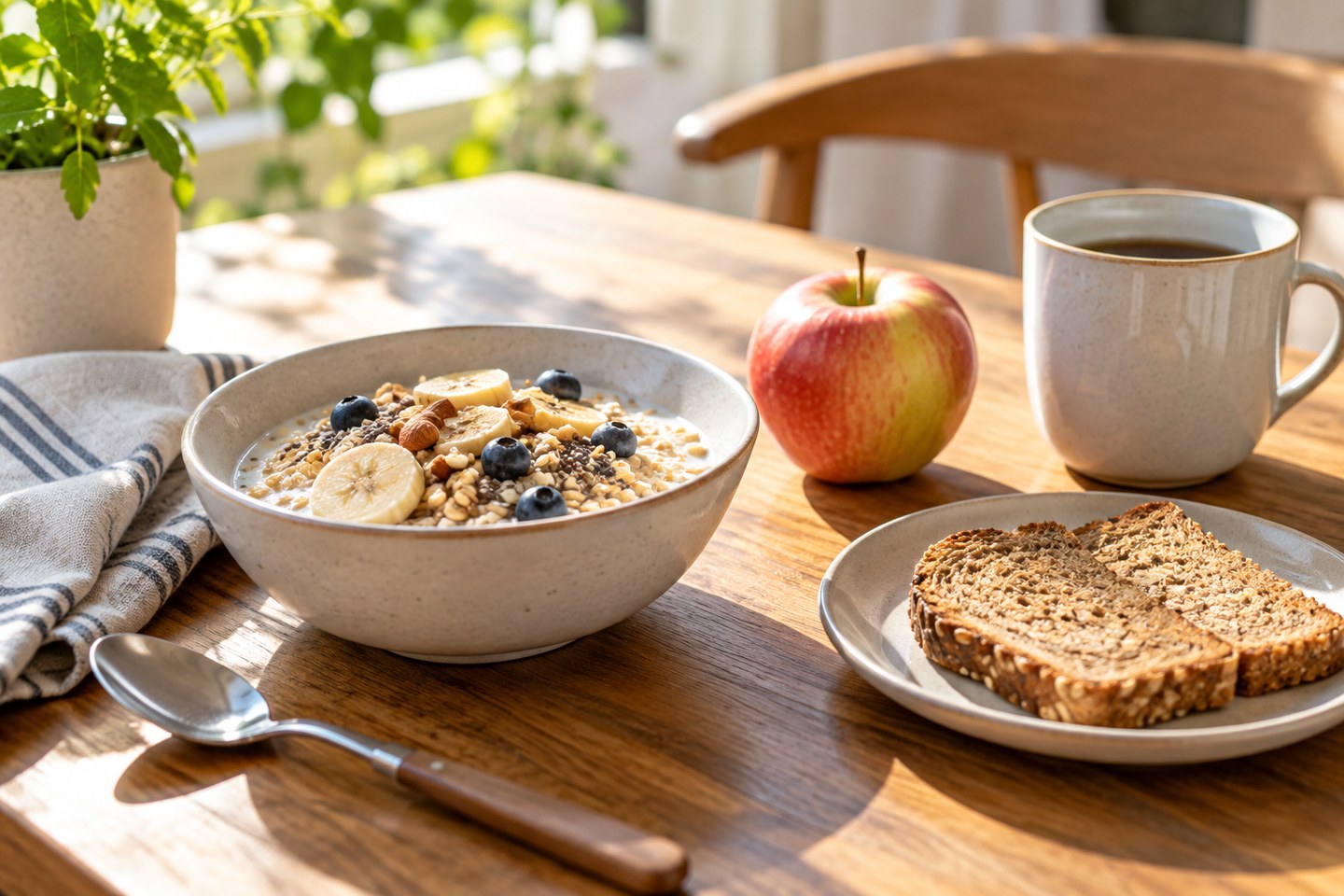 Un petit-déjeuner avec de l’avoine, du lait, une pomme et du pain complet.