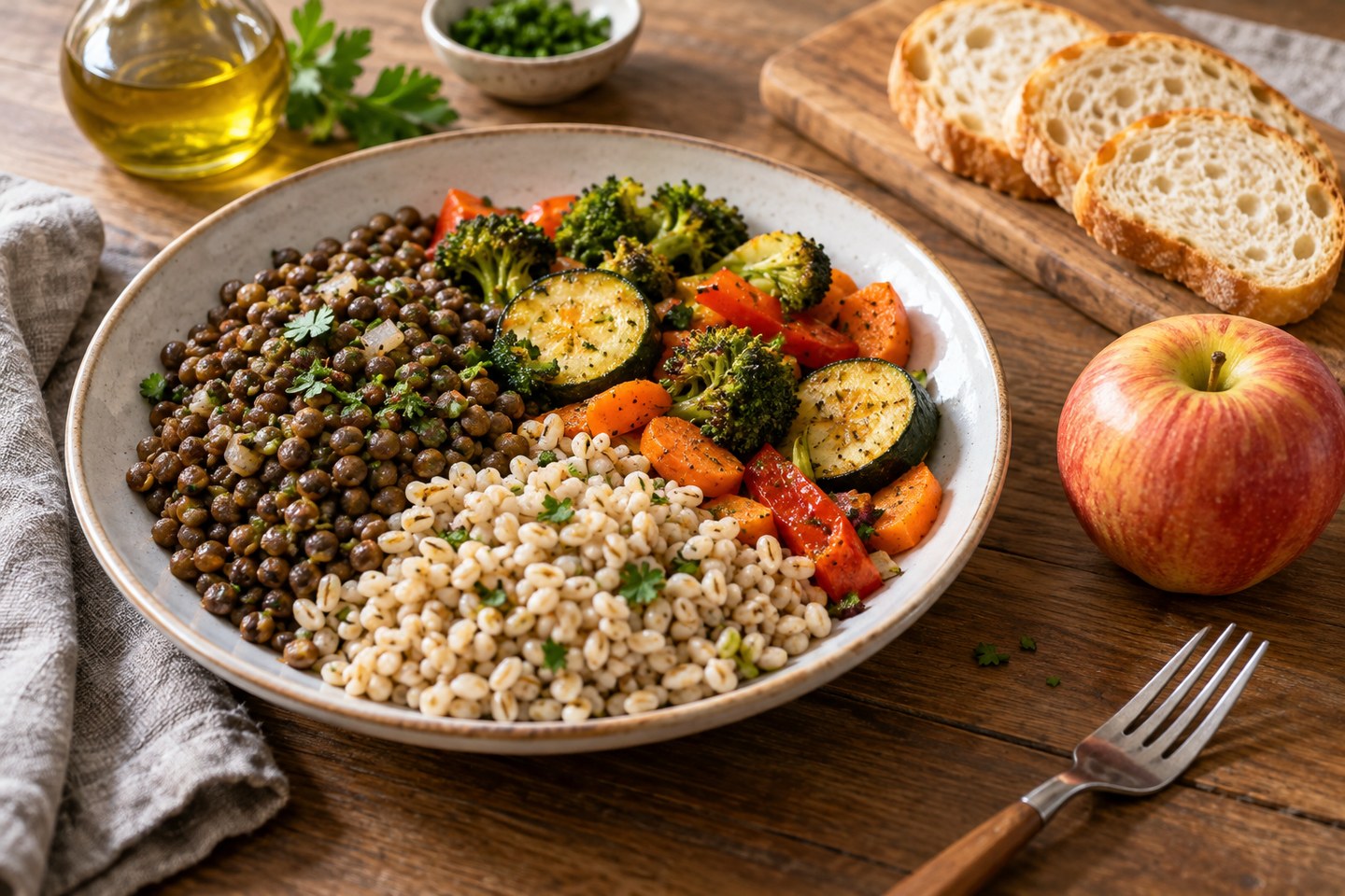 Une assiette de lentilles, d’orge et de légumes, avec du pain et une pomme.