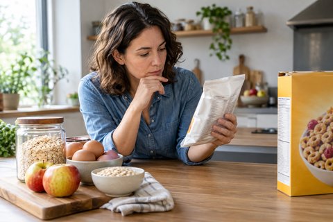 Une personne examine des produits emballés à côté d’aliments simples.
