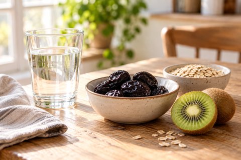 Un verre d’eau, des pruneaux, un kiwi et des flocons d’avoine.