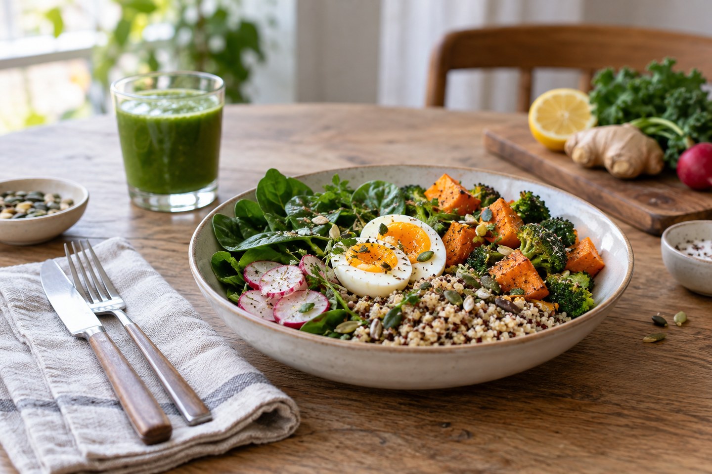 Un repas varié avec un verre de jus vert posé à côté.