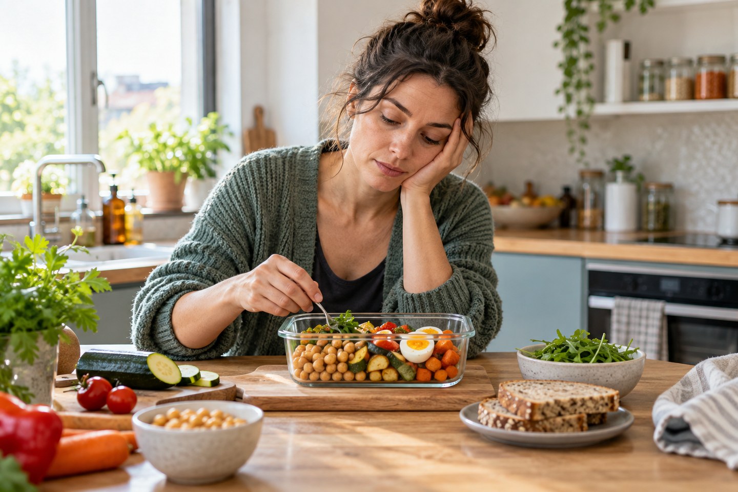 Une personne prépare une boîte-repas variée avec des pois chiches, des légumes et un œuf.