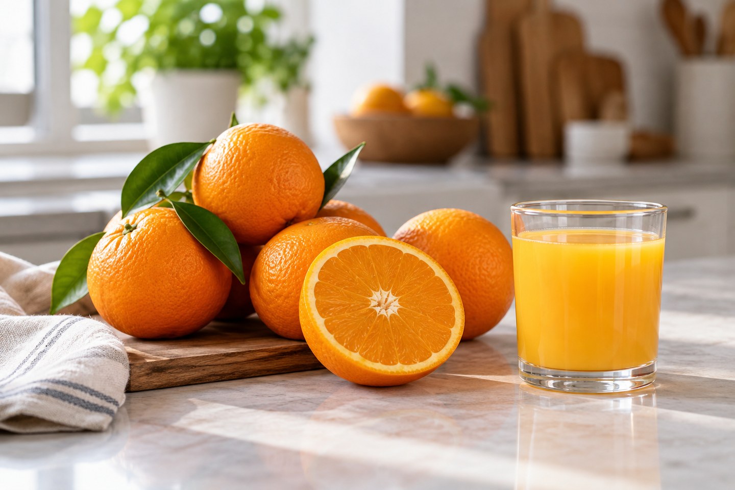 Des oranges entières et un petit verre de jus d’orange.