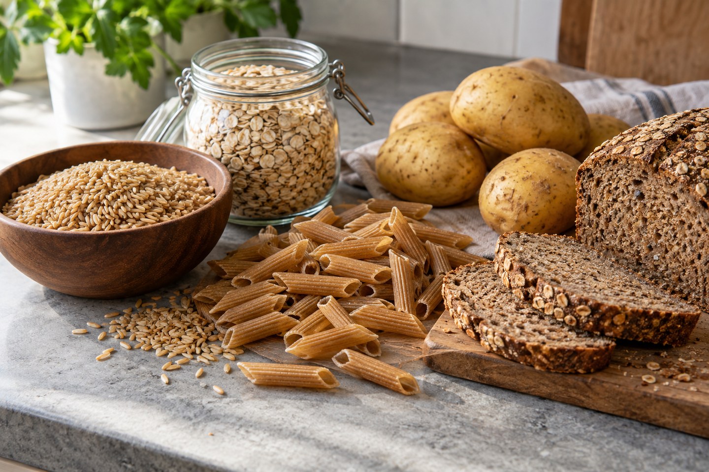 Du riz, des pâtes complètes, des pommes de terre, de l’avoine et du pain complet.