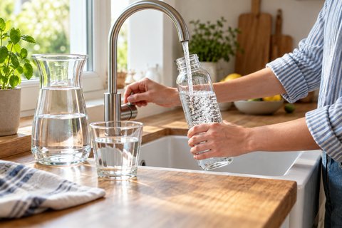 Une gourde remplie d’eau au robinet, près d’un verre et d’une carafe.