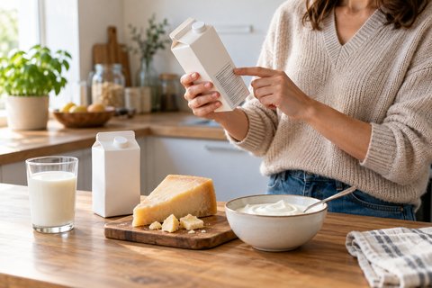 Du lait, un fromage affiné et un yaourt, avec une personne qui examine un emballage.