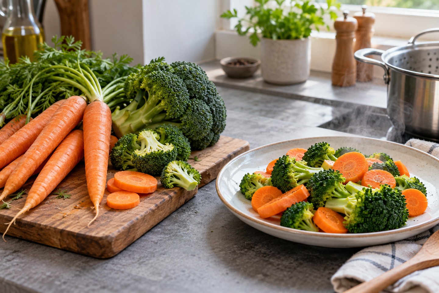 Des carottes et du brocoli, crus et cuits, sur un plan de travail.