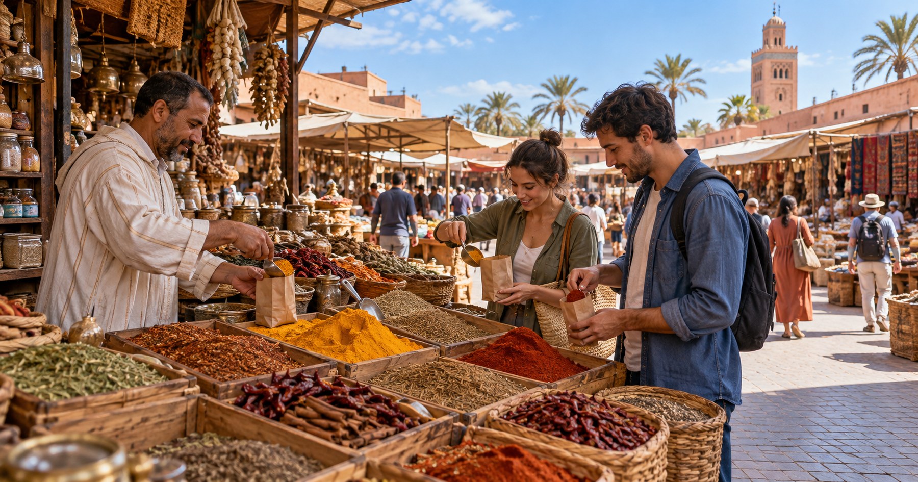 Des épices choisies en petites quantités sur un marché.