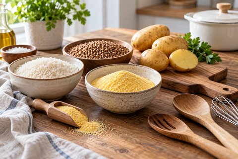 Du riz, du sarrasin, des pommes de terre et de la farine de maïs dans une cuisine.