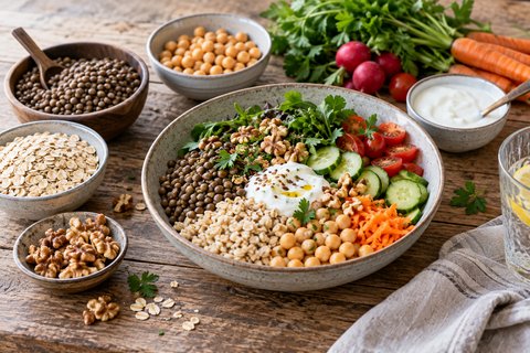 Des légumes secs, des céréales, des noix, des légumes et un yaourt nature.