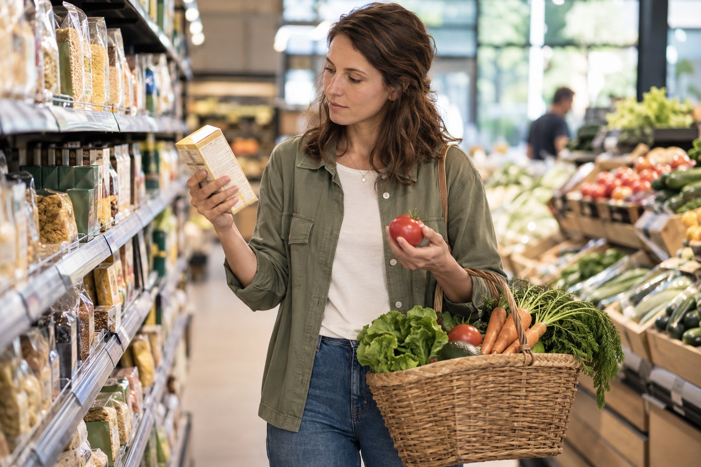 Une personne compare ses choix alimentaires dans un magasin.