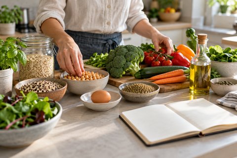 Des aliments variés examinés pour composer un repas.