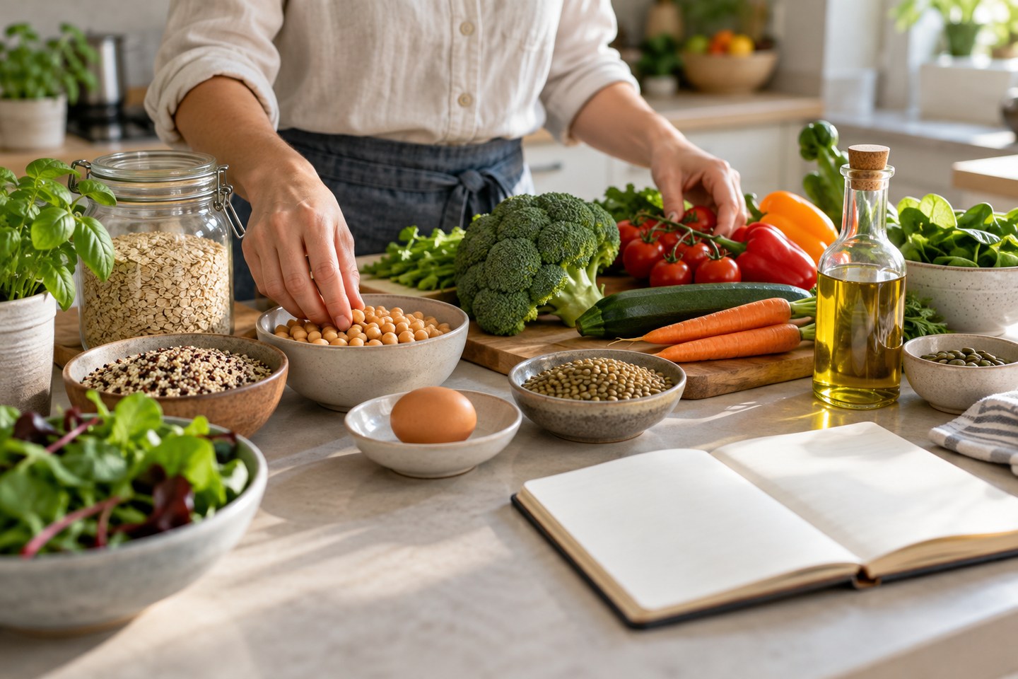 Des aliments variés examinés pour composer un repas.