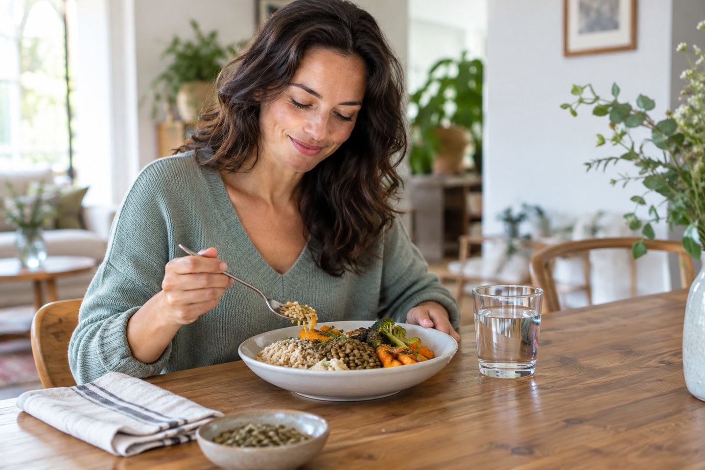 Un repas varié pris tranquillement à table.