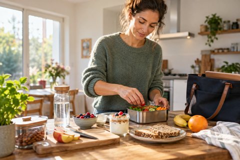 Un petit-déjeuner et une boîte-repas préparés pour la journée.