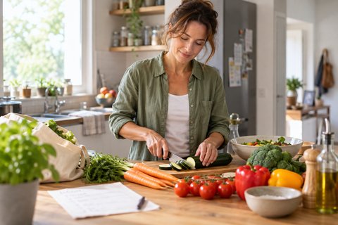 Une personne prépare un repas équilibré à la maison.